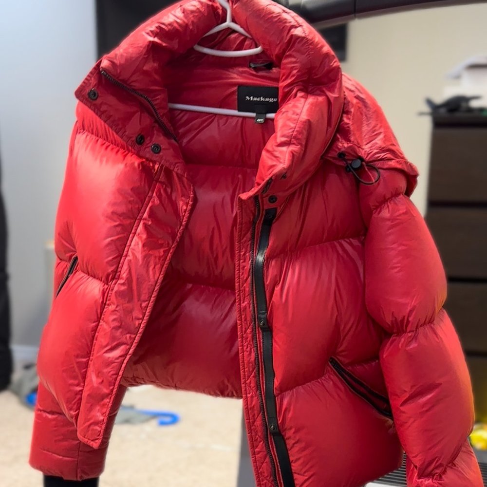 Cropped bright red Mackage puffer coat
